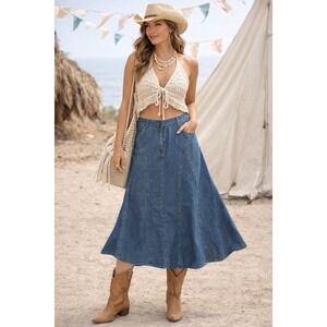 Vintage Denim Panel Midi Skirt Sz L A-Line Elastic Waist Y2K Prairie Modest